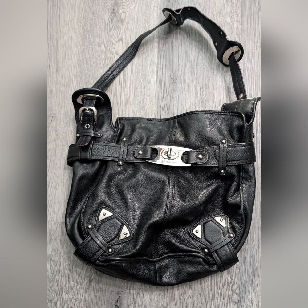 Vintage B. Makowsky Black Leather Moto Hobo Bag Y2K Slouchy Buckle Shoulder Purs